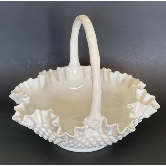 Fenton Milk Glass Bride Basket Hobnail Large 9” x 11.5” Vintage Ruffled Wave - Picture 3 of 8